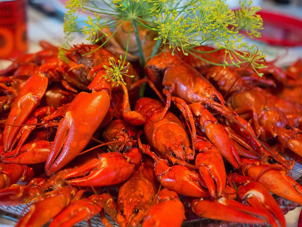 Mountain of boiled crayfish at home