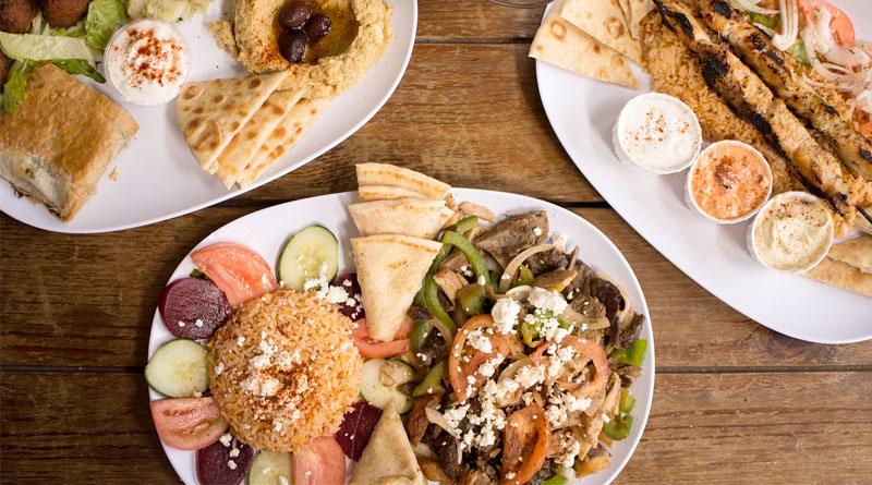 Chickpea Falafel with Olives, Rice, Vegetable Salad and Pita